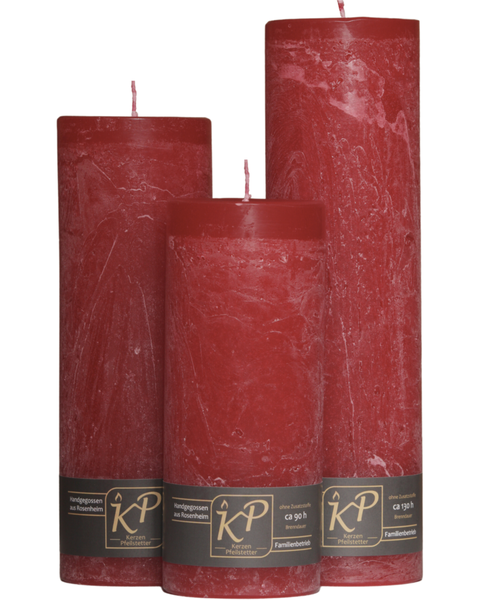 Drei Blütenkerzen in weihnachtsrot nebeneinander – in den Größen Klein, Mittel und Groß.