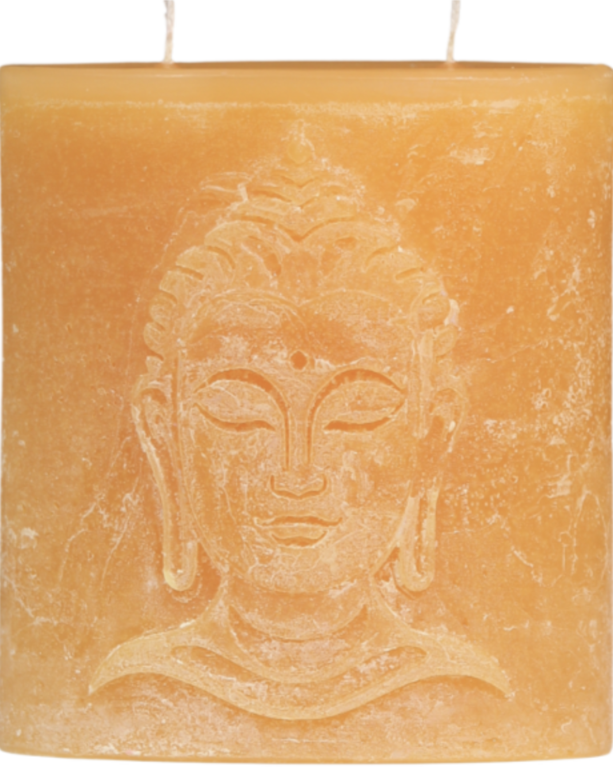 Zweidochtkerze mit Buddha-Motiv in sonnengelb.