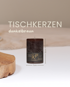 Tischkerze in dunkelbraun mit Angaben zu Höhe und Durchmesser.