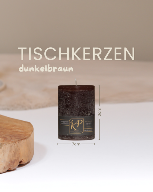 Tischkerze in dunkelbraun mit Angaben zu Höhe und Durchmesser.