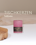 Tischkerze in hellrosa mit Angaben zu Höhe und Durchmesser.