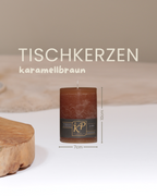 Tischkerze in karamellbraun mit Angaben zu Höhe und Durchmesser.