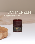 Tischkerze in kastanienbraun mit Angaben zu Höhe und Durchmesser.
