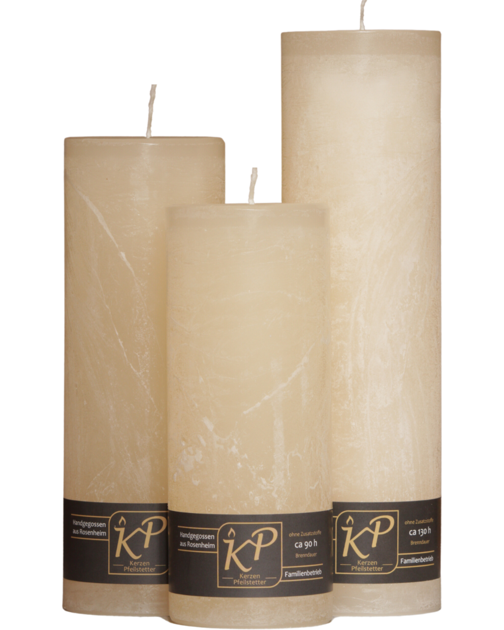 Drei Blütenkerzen in creme nebeneinander – in den Größen Klein, Mittel und Groß.