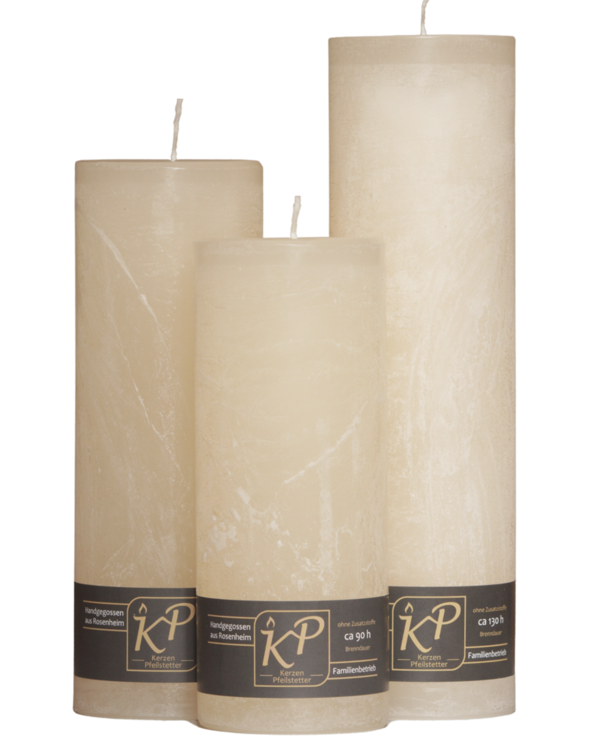 Drei Blütenkerzen in creme nebeneinander – in den Größen Klein, Mittel und Groß.