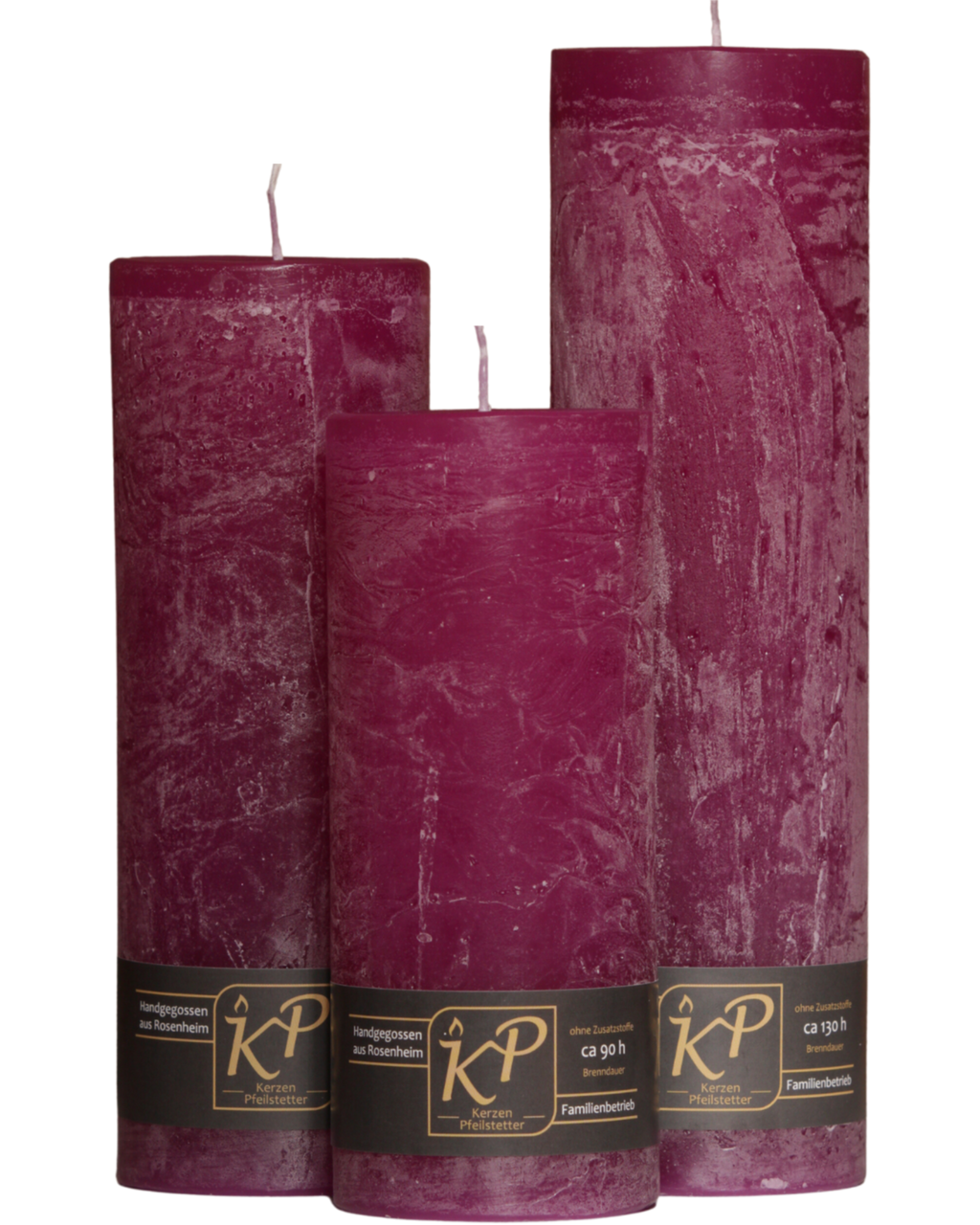 Drei Blütenkerzen in magenta nebeneinander – in den Größen Klein, Mittel und Groß.