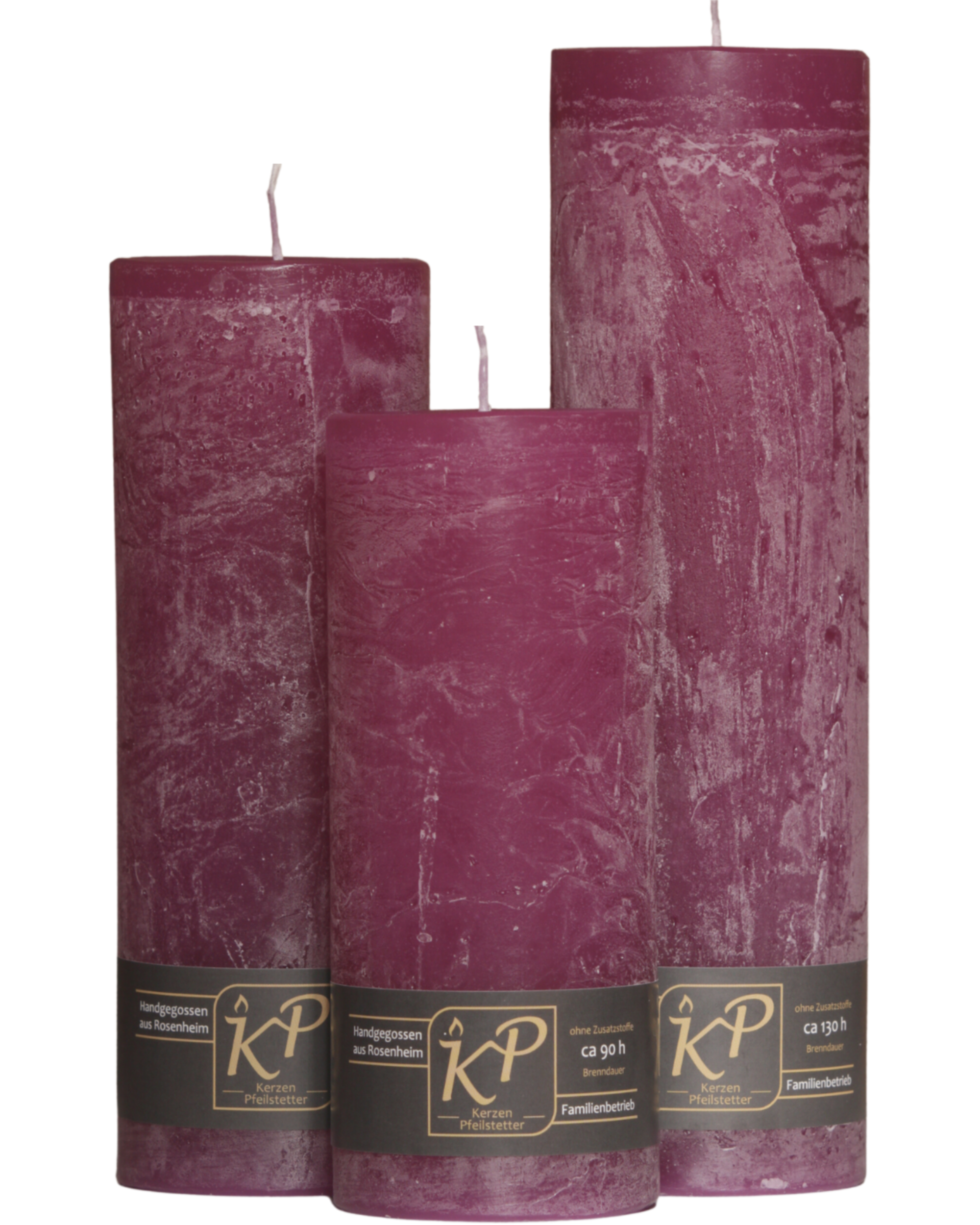Drei Blütenkerzen in magenta nebeneinander – in den Größen Klein, Mittel und Groß.