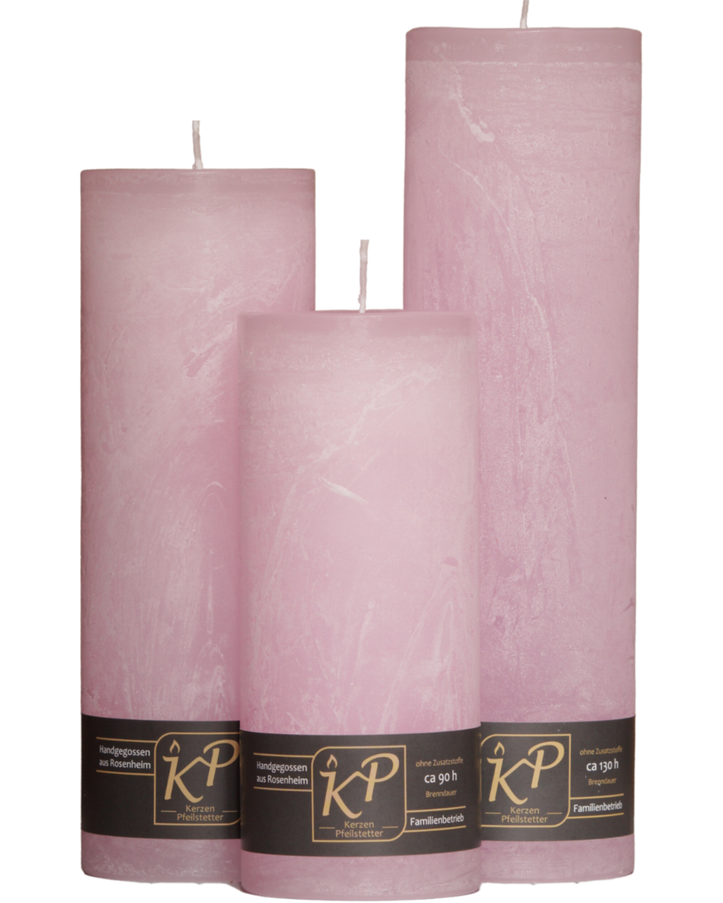 Drei Blütenkerzen in pastellrosa nebeneinander – in den Größen Klein, Mittel und Groß.