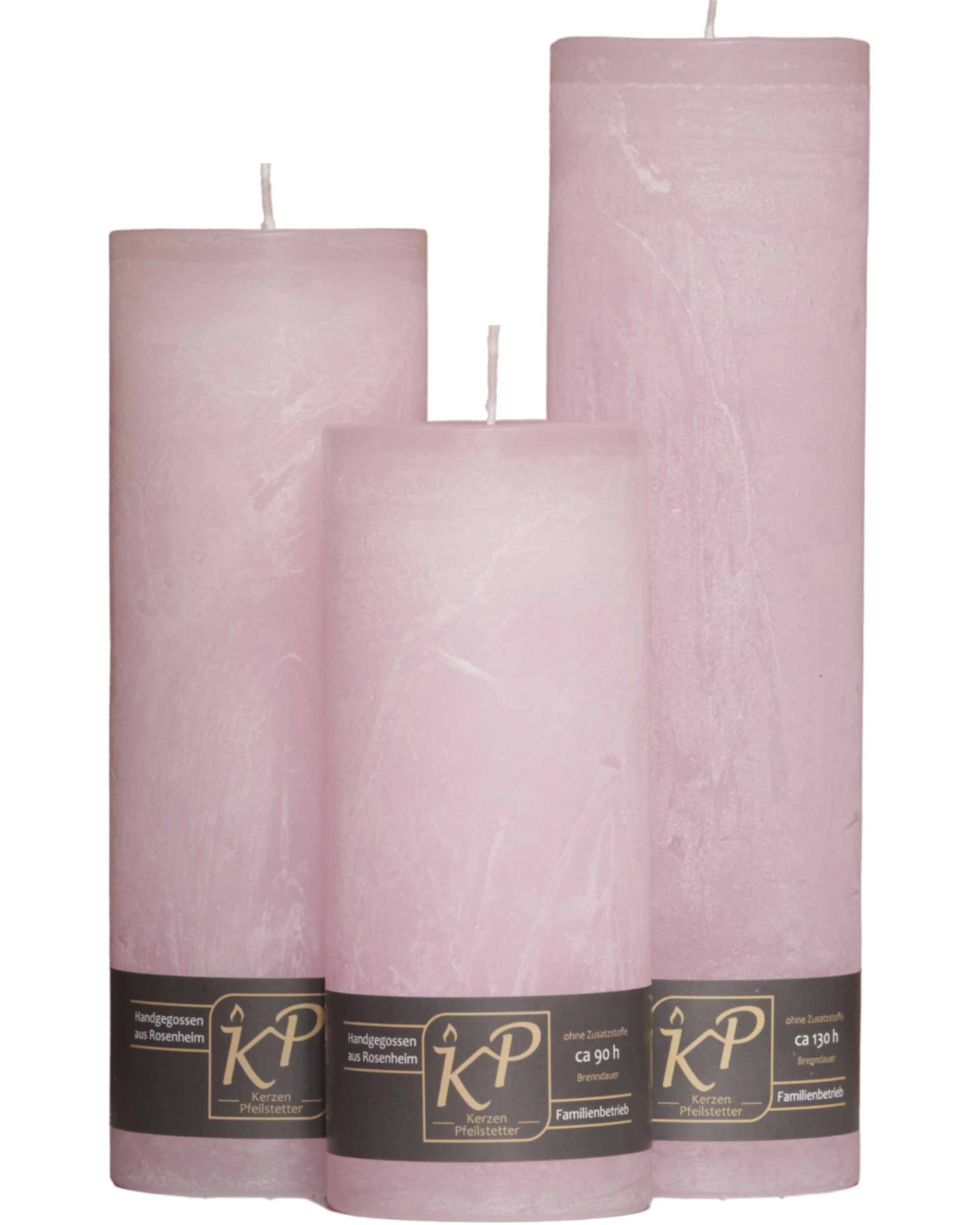 Drei Blütenkerzen in pastellrosa nebeneinander – in den Größen Klein, Mittel und Groß.