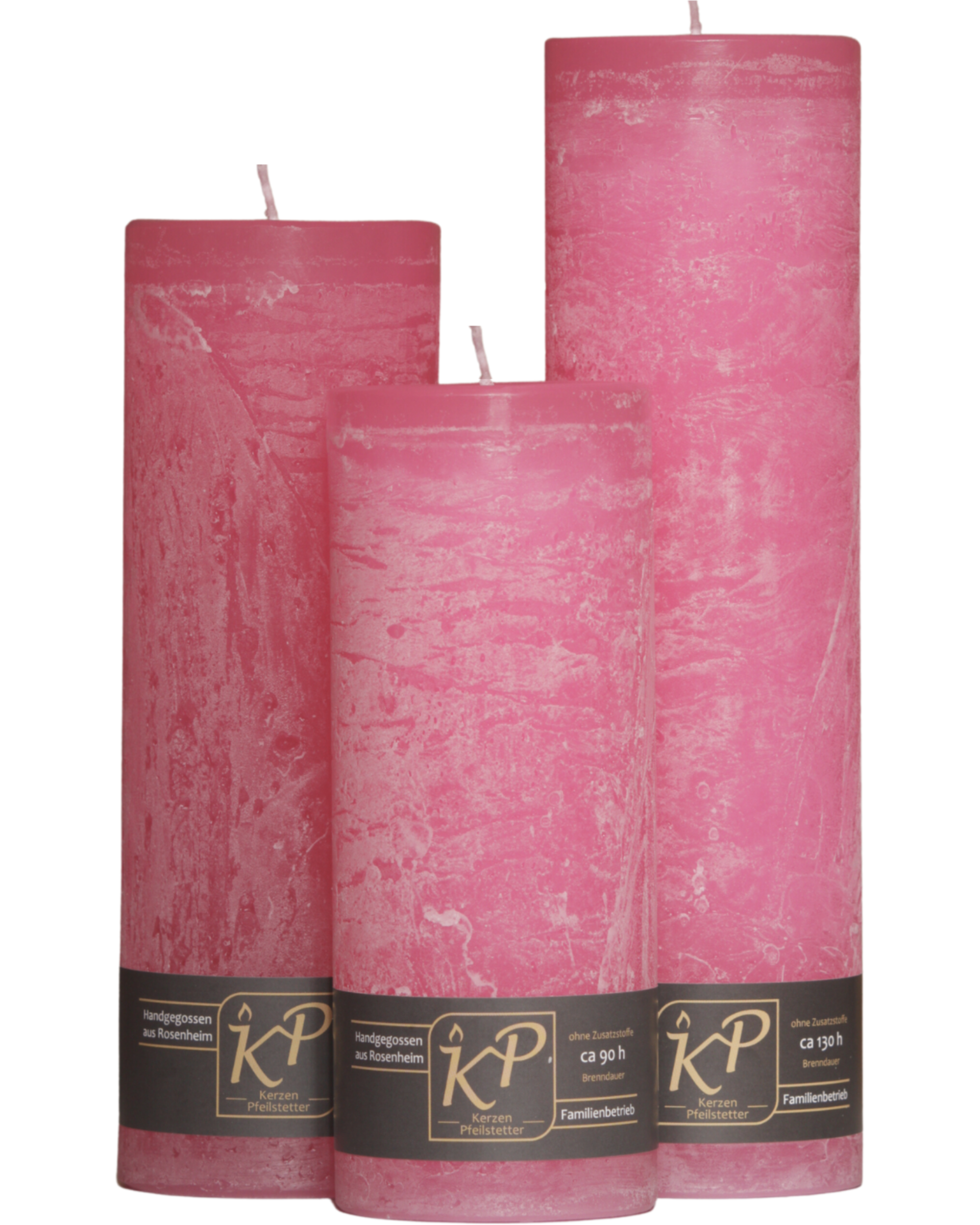 Drei Blütenkerzen in pink nebeneinander – in den Größen Klein, Mittel und Groß.