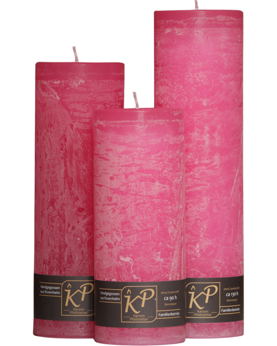 Drei Blütenkerzen in pink nebeneinander – in den Größen Klein, Mittel und Groß.