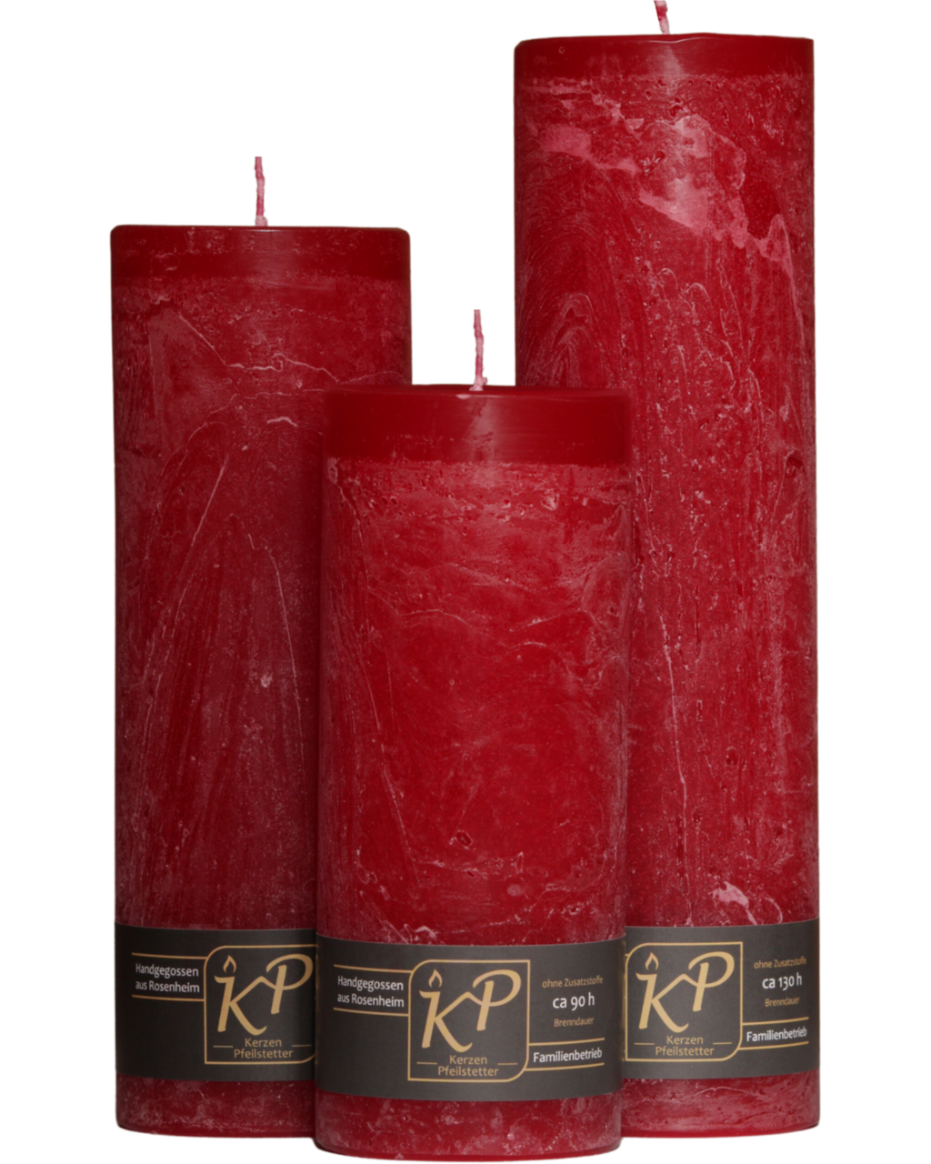 Drei Blütenkerzen in weihnachtsrot nebeneinander – in den Größen Klein, Mittel und Groß.