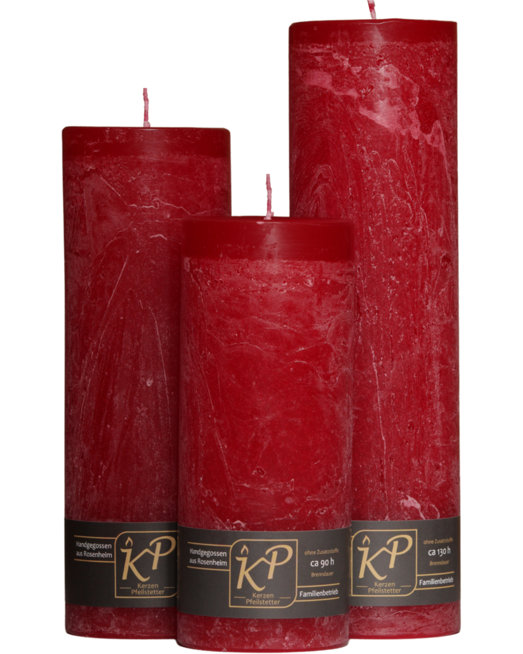 Drei Blütenkerzen in weihnachtsrot nebeneinander – in den Größen Klein, Mittel und Groß.