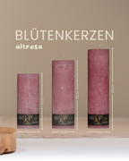 Blütenkerzen in altrosa in drei Größen mit Angaben zu Höhe und Durchmesser.