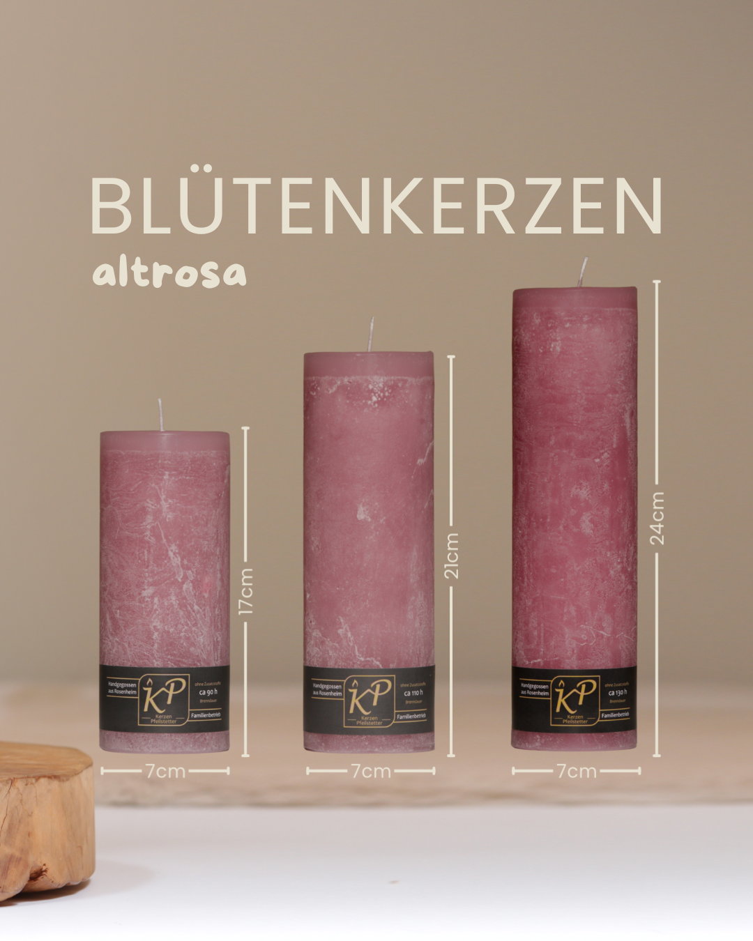 Blütenkerzen in altrosa in drei Größen mit Angaben zu Höhe und Durchmesser.