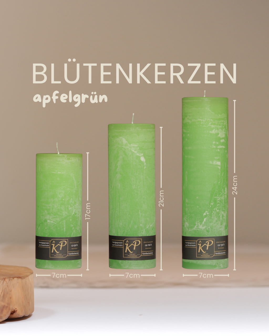 Blütenkerzen in apfelgrün in drei Größen mit Angaben zu Höhe und Durchmesser.