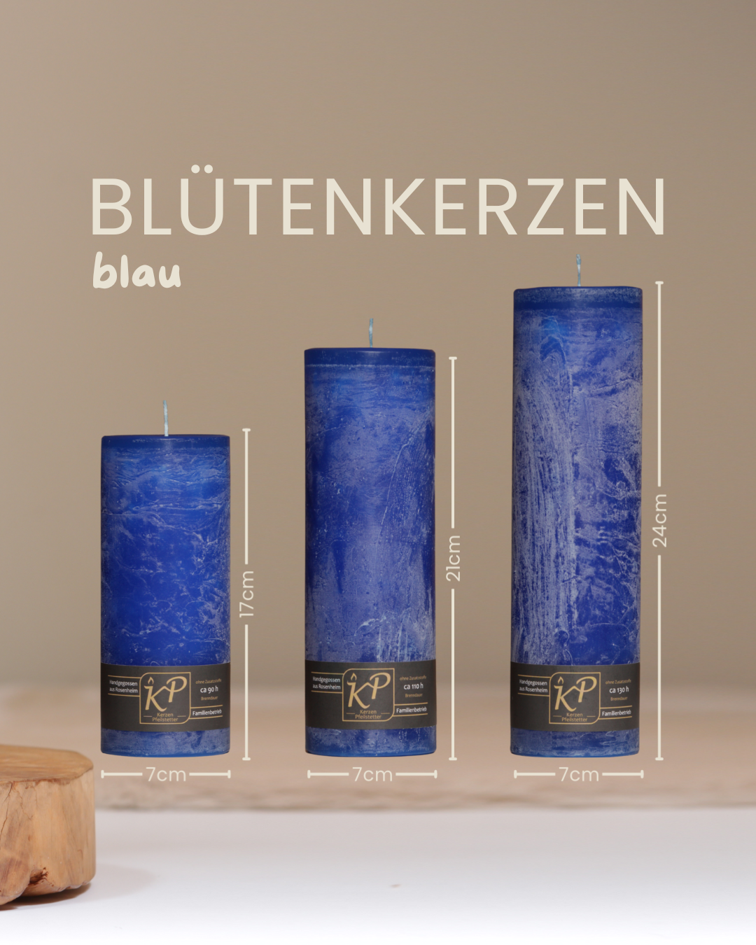 Blütenkerzen in blau in drei Größen mit Angaben zu Höhe und Durchmesser.