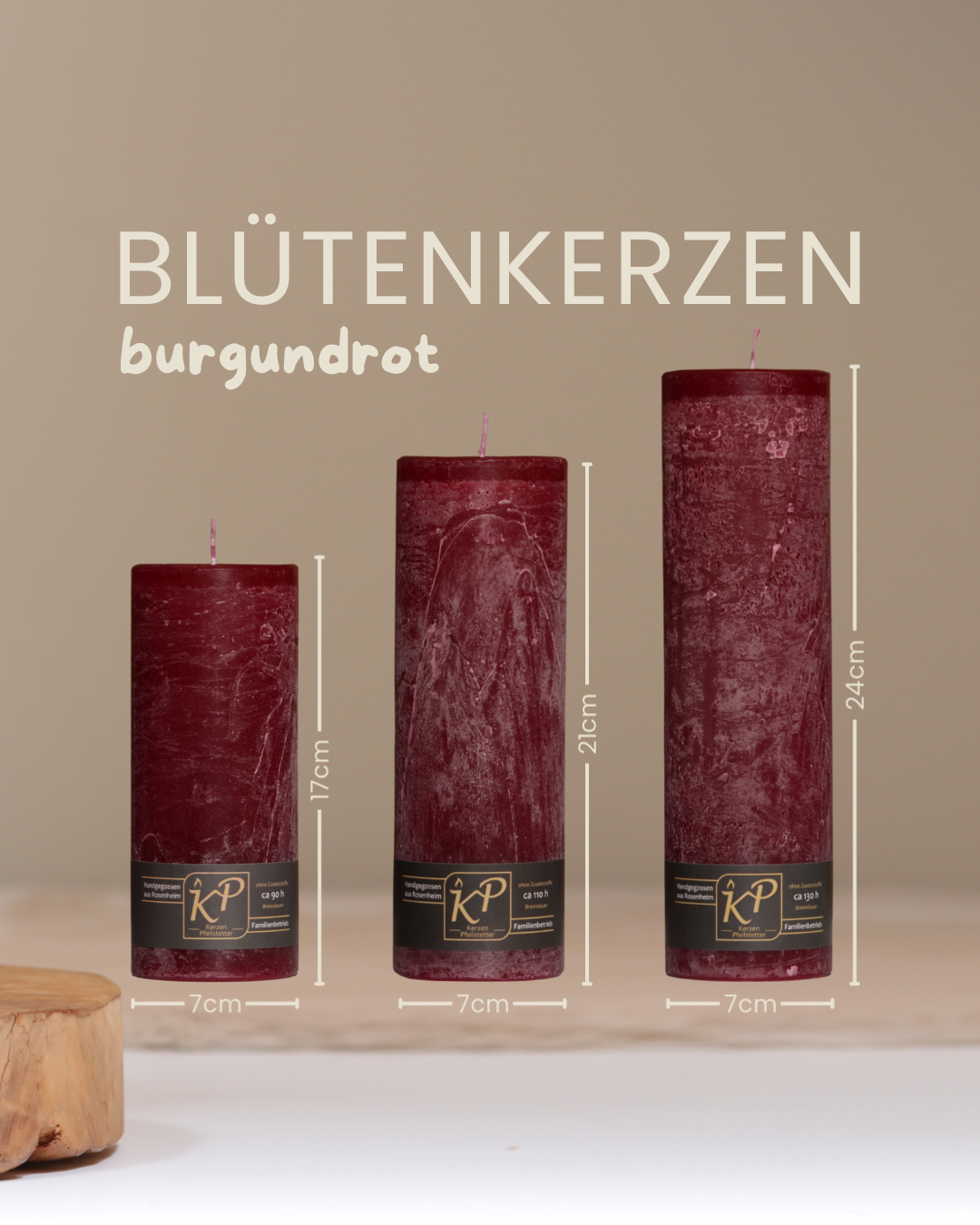 Blütenkerzen in burgundrot in drei Größen mit Angaben zu Höhe und Durchmesser.