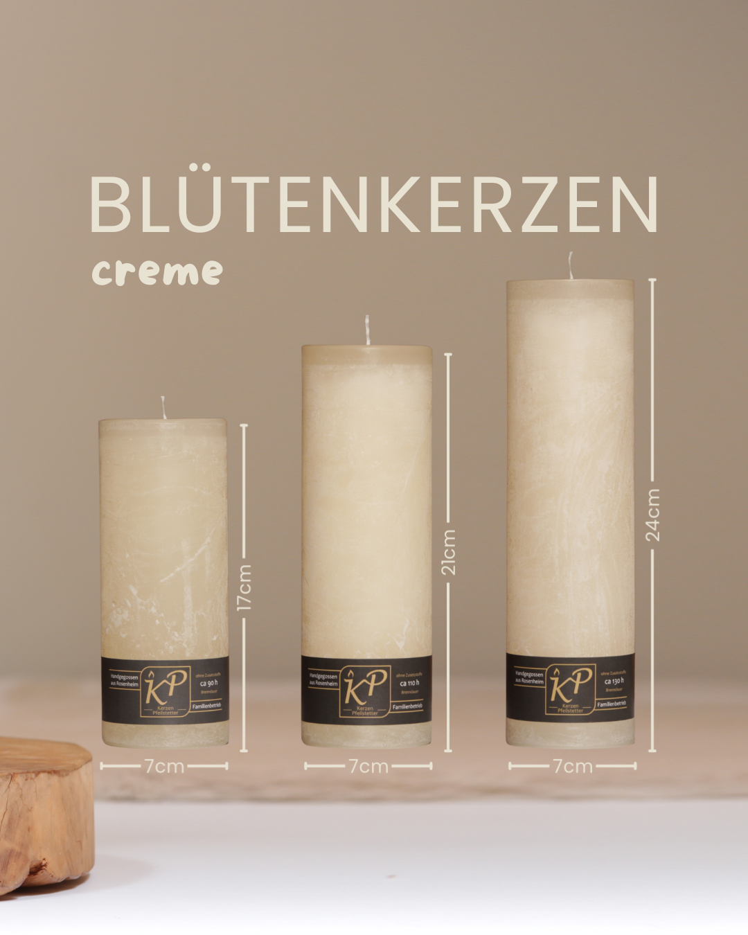 Blütenkerzen in creme in drei Größen mit Angaben zu Höhe und Durchmesser. 