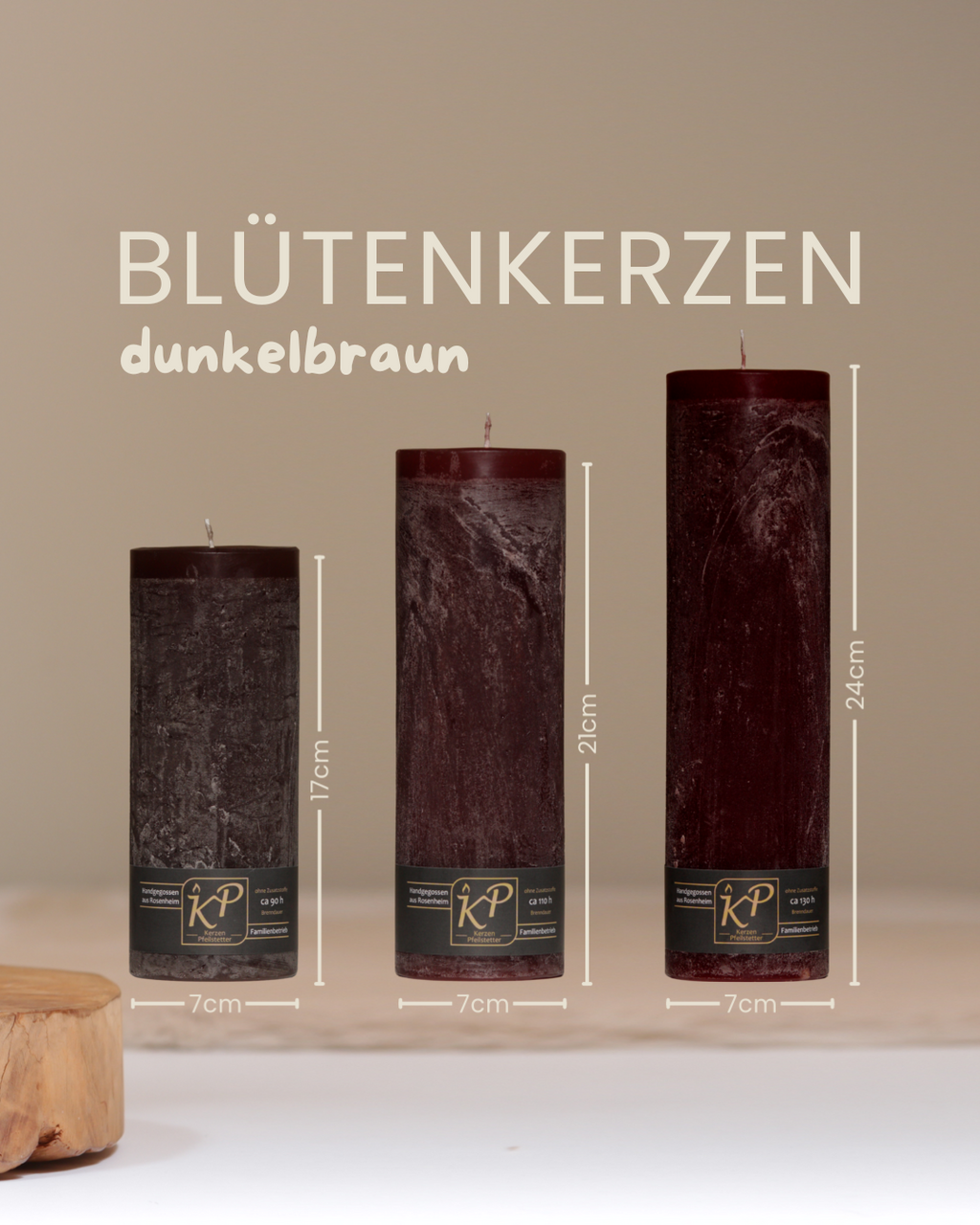 Blütenkerzen in dunkelbraun in drei Größen mit Angaben zu Höhe und Durchmesser.