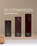 Blütenkerzen in dunkelbraun in drei Größen mit Angaben zu Höhe und Durchmesser.