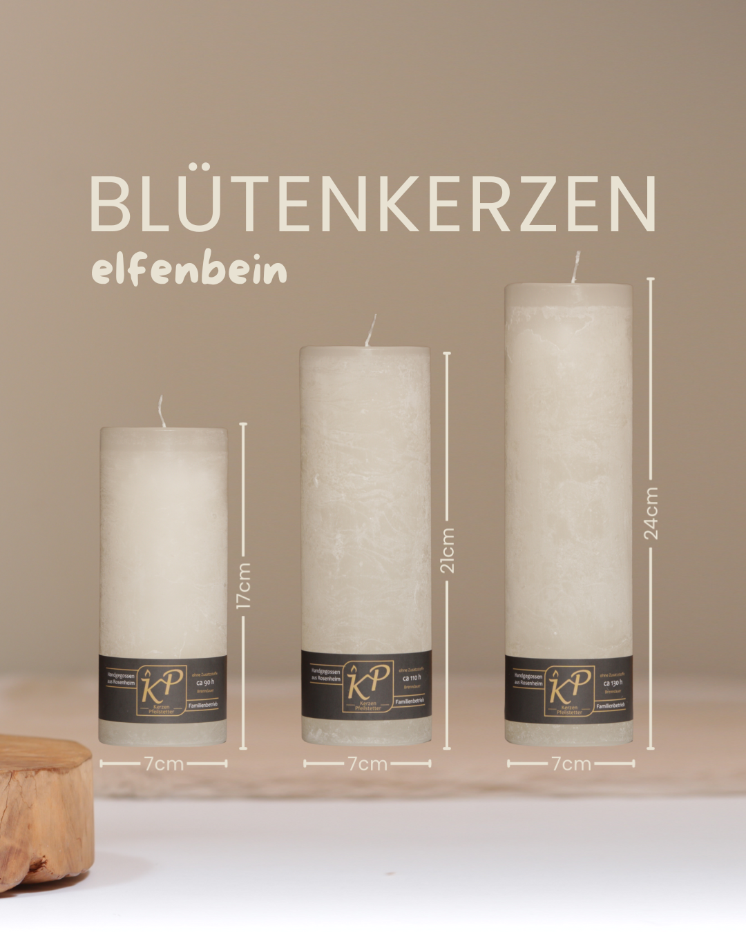 Blütenkerzen in elfenbein in drei Größen mit Angaben zu Höhe und Durchmesser.