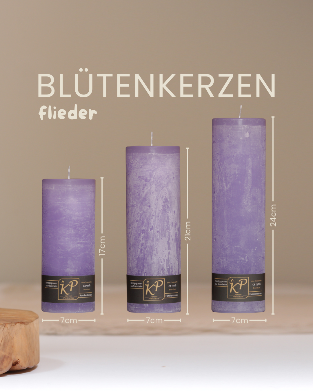 Blütenkerzen in Flieder in drei Größen mit Angaben zu Höhe und Durchmesser.