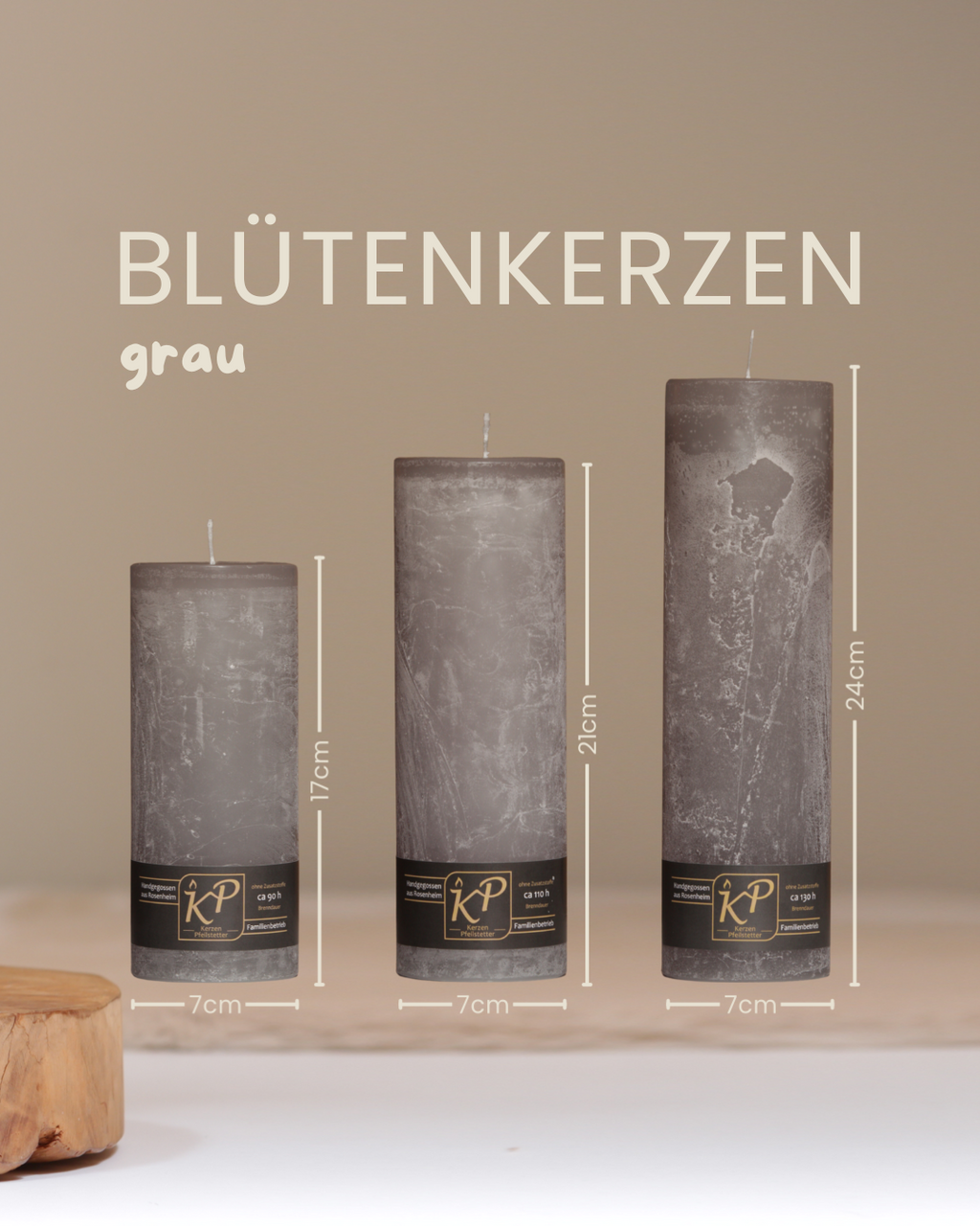 Blütenkerzen in grau in drei Größen mit Angaben zu Höhe und Durchmesser.