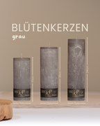 Blütenkerzen in grau in drei Größen mit Angaben zu Höhe und Durchmesser.
