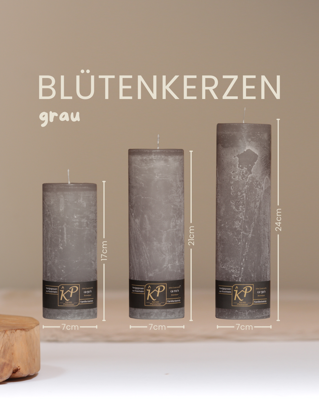 Blütenkerzen in grau in drei Größen mit Angaben zu Höhe und Durchmesser.