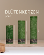 Blütenkerzen in grün in drei Größen mit Angaben zu Höhe und Durchmesser.