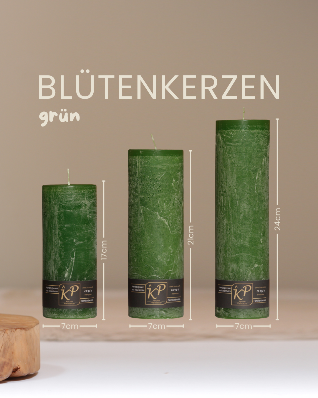 Blütenkerzen in grün in drei Größen mit Angaben zu Höhe und Durchmesser.