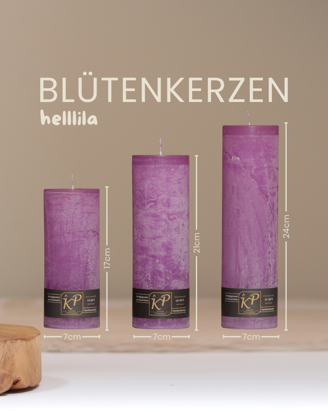 Blütenkerzen in helllila in drei Größen mit Angaben zu Höhe und Durchmesser.