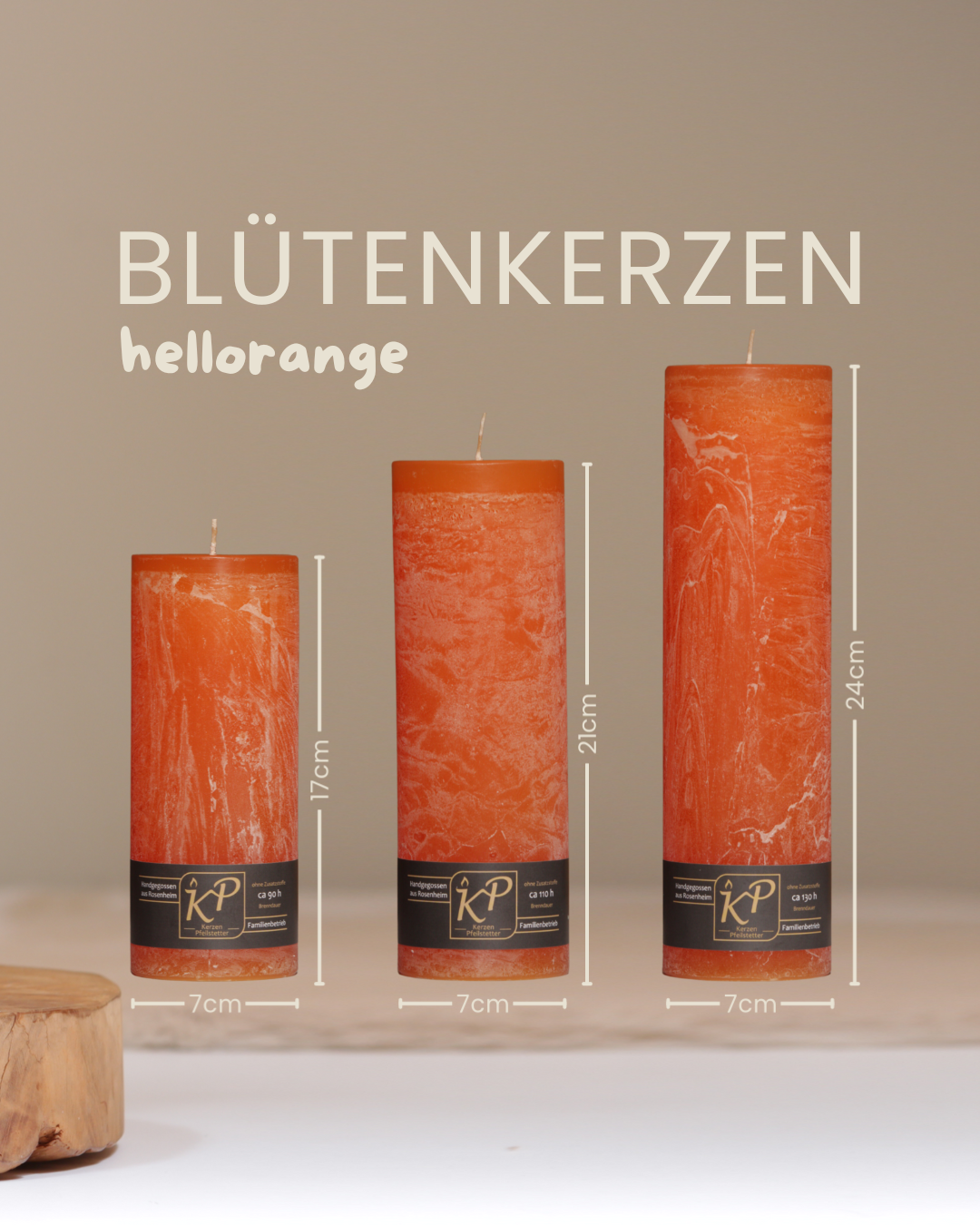 Blütenkerzen in hellorange in drei Größen mit Angaben zu Höhe und Durchmesser.