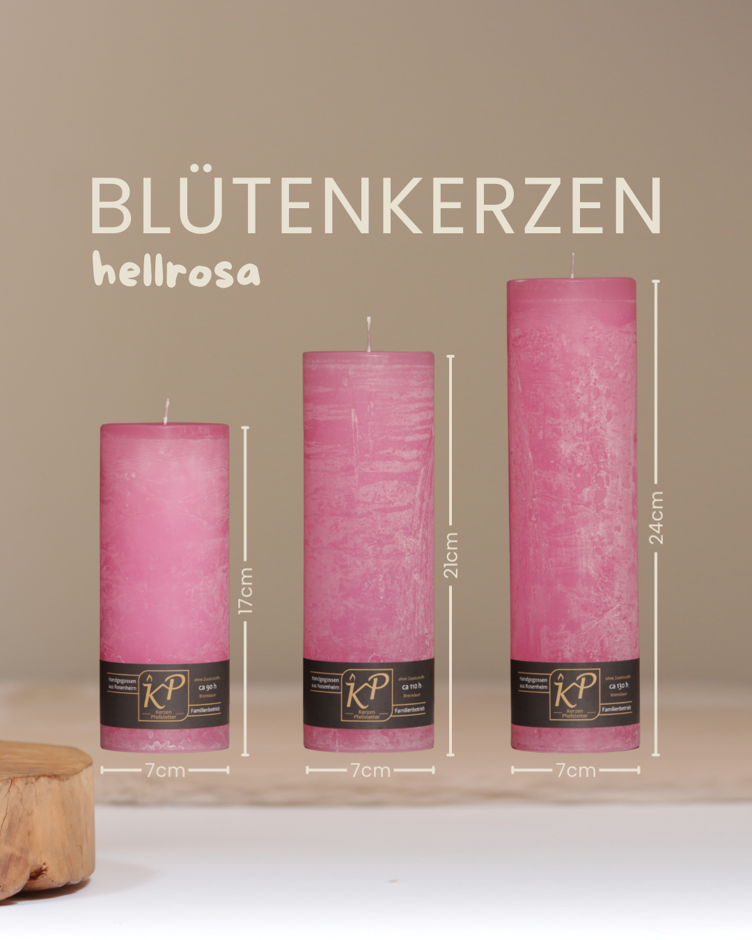 Blütenkerzen in hellrosa in drei Größen mit Angaben zu Höhe und Durchmesser.