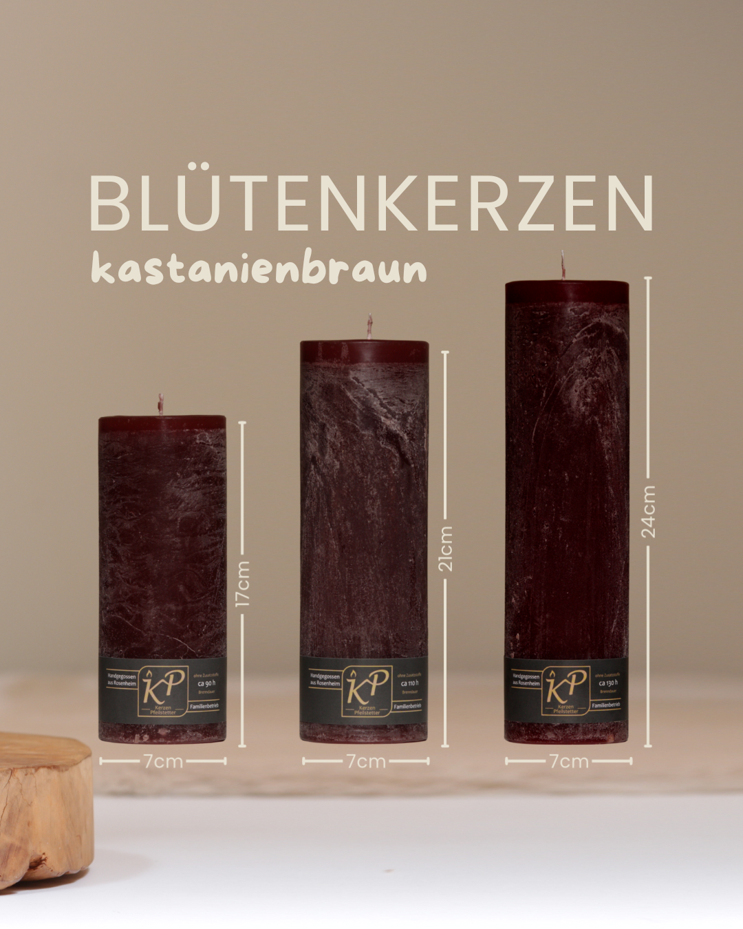 Blütenkerzen in kastanienbraun in drei Größen mit Angaben zu Höhe und Durchmesser.