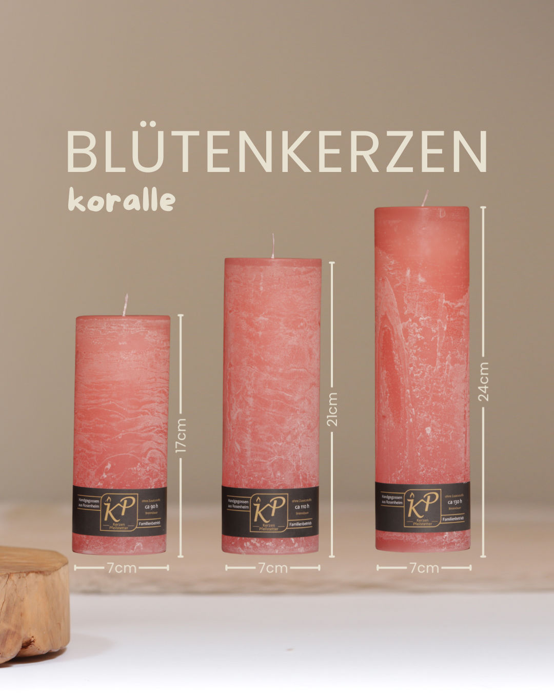 Blütenkerzen in koralle in drei Größen mit Angaben zu Höhe und Durchmesser.