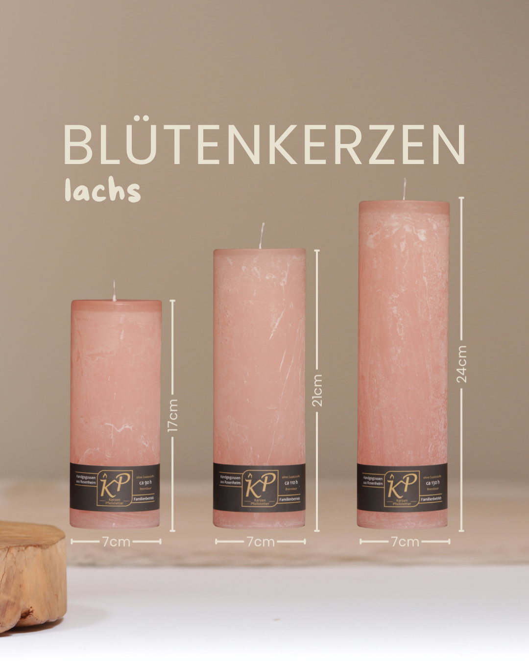 Blütenkerzen in lachs in drei Größen mit Angaben zu Höhe und Durchmesser.