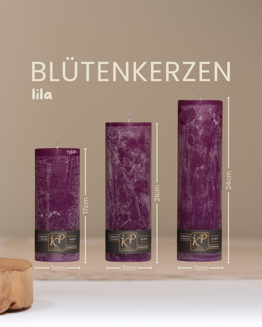 Blütenkerzen in lila in drei Größen mit Angaben zu Höhe und Durchmesser.