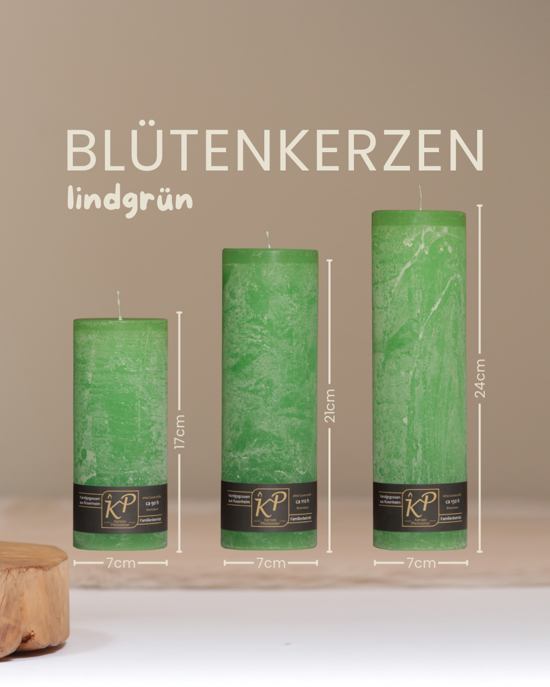 Blütenkerzen in lindgrün in drei Größen mit Angaben zu Höhe und Durchmesser.