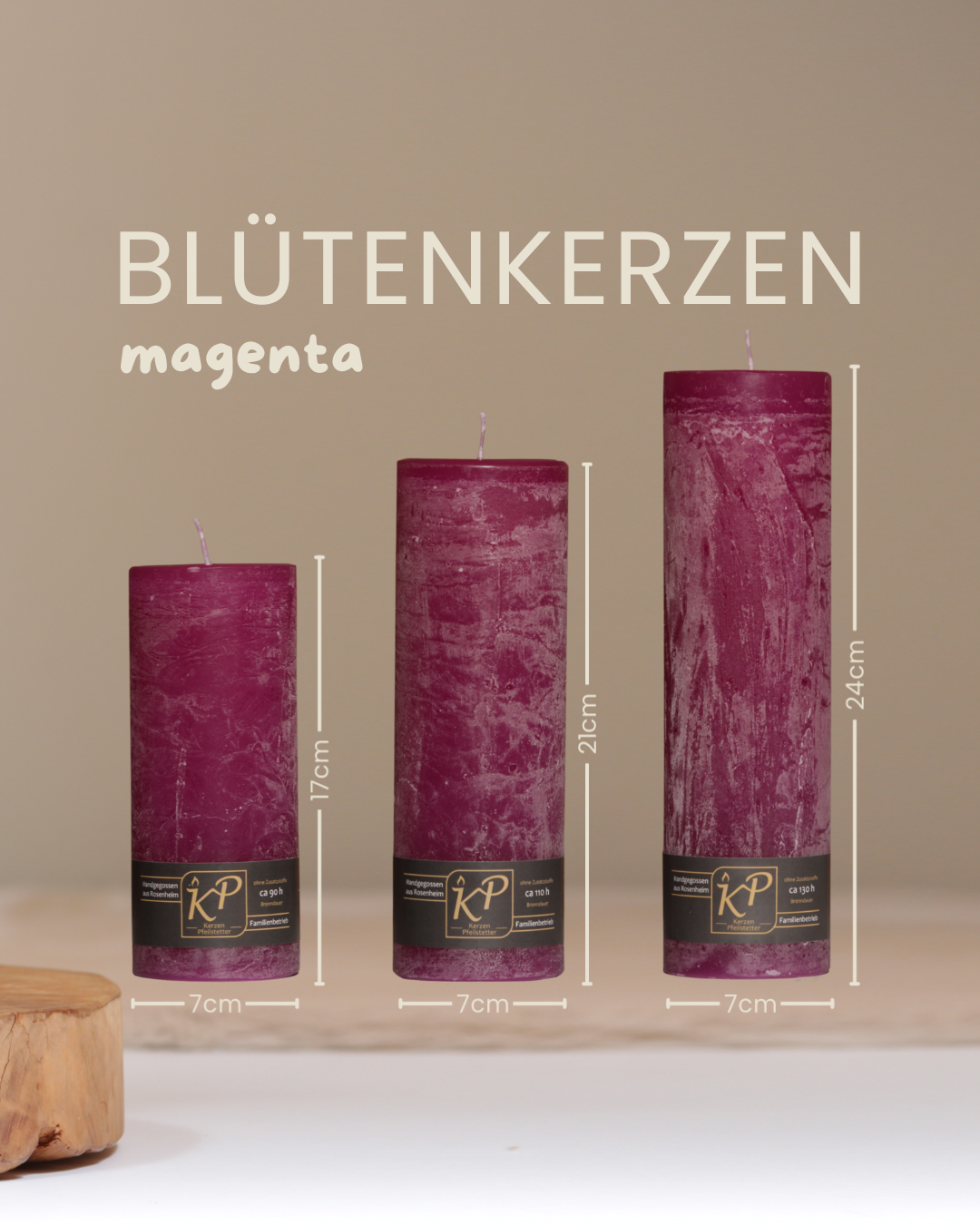 Blütenkerzen in magenta in drei Größen mit Angaben zu Höhe und Durchmesser.