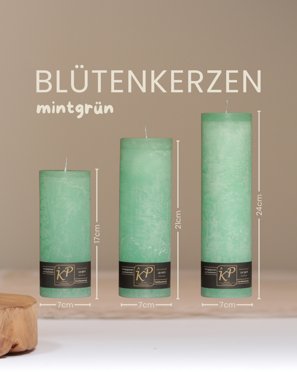 Blütenkerzen in mintgrün in drei Größen mit Angaben zu Höhe und Durchmesser.