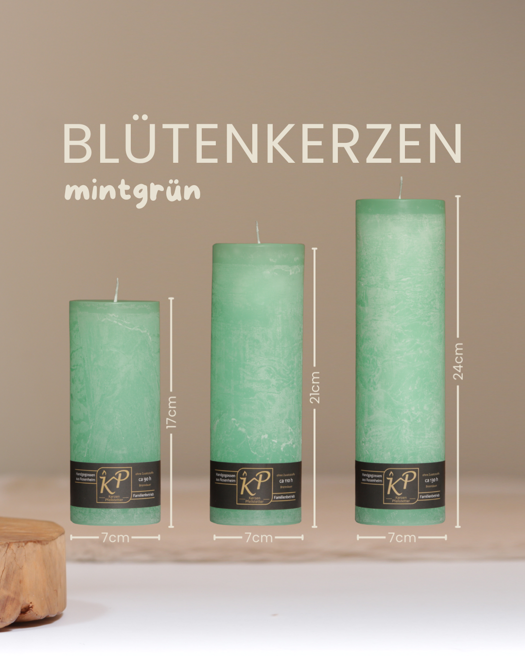 Blütenkerzen in mintgrün in drei Größen mit Angaben zu Höhe und Durchmesser.
