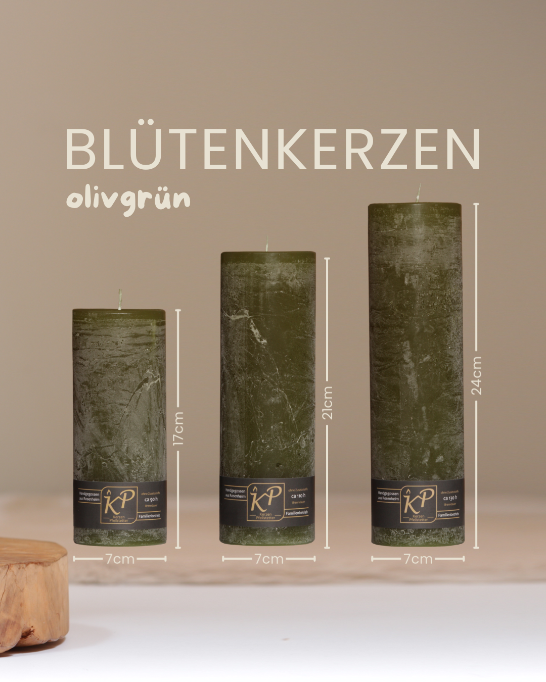 Blütenkerzen in olivgrün in drei Größen mit Angaben zu Höhe und Durchmesser.