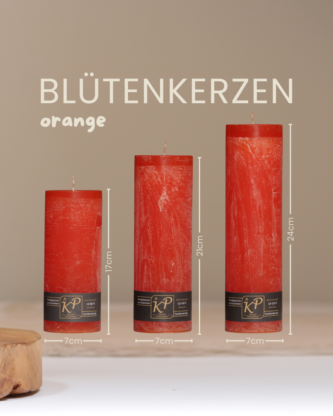 Blütenkerzen in orange in drei Größen mit Angaben zu Höhe und Durchmesser.