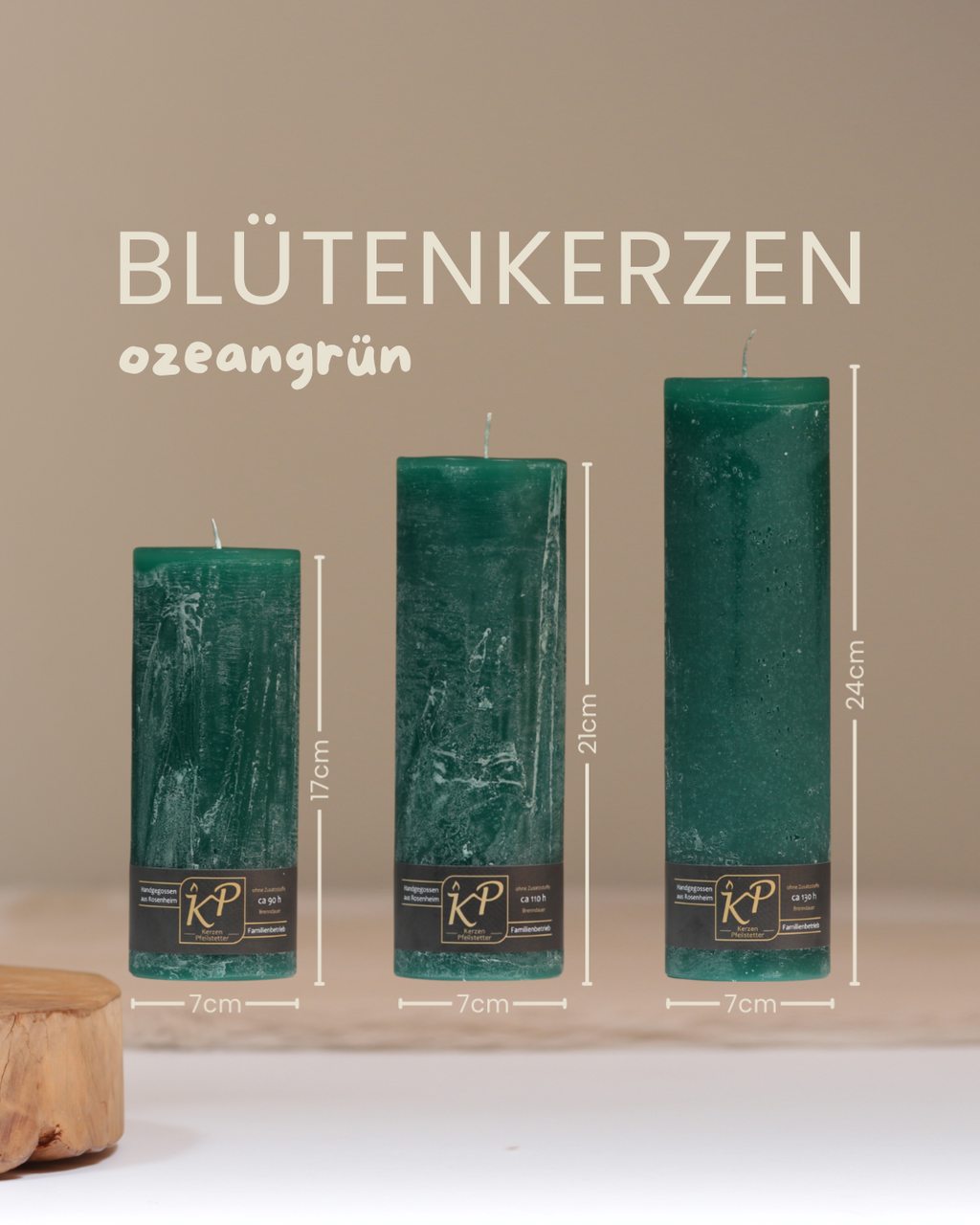 Blütenkerzen in ozeangrün in drei Größen mit Angaben zu Höhe und Durchmesser.