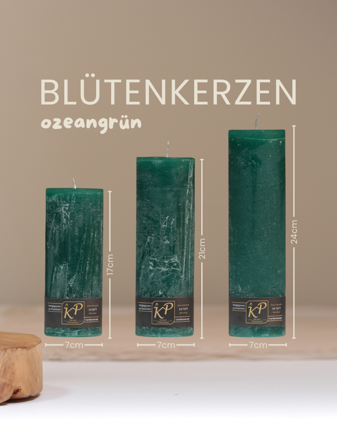 Blütenkerzen in ozeangrün in drei Größen mit Angaben zu Höhe und Durchmesser.