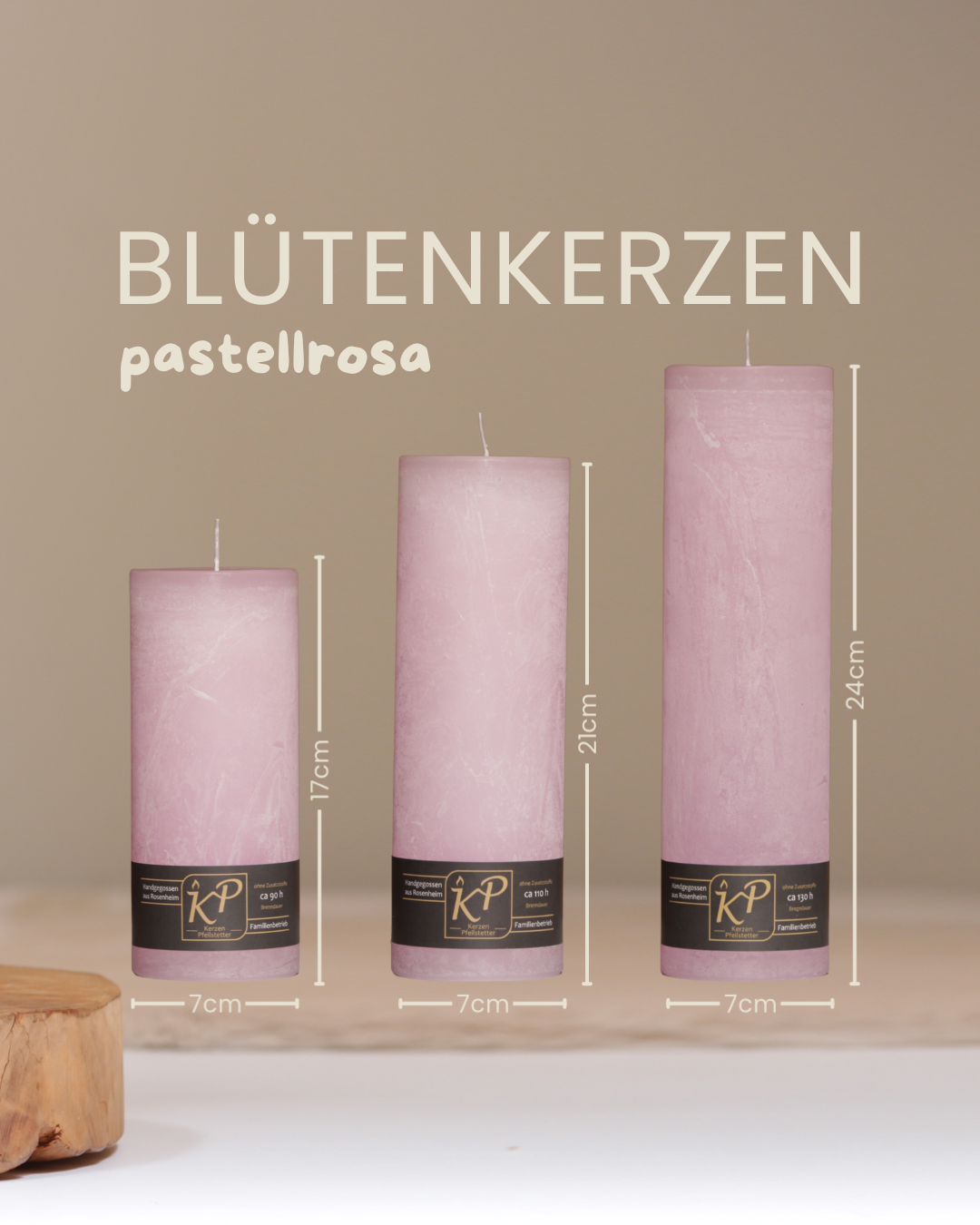 Blütenkerzen in pastellrosa in drei Größen mit Angaben zu Höhe und Durchmesser.