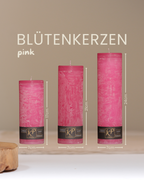 Blütenkerzen in pink in drei Größen mit Angaben zu Höhe und Durchmesser.