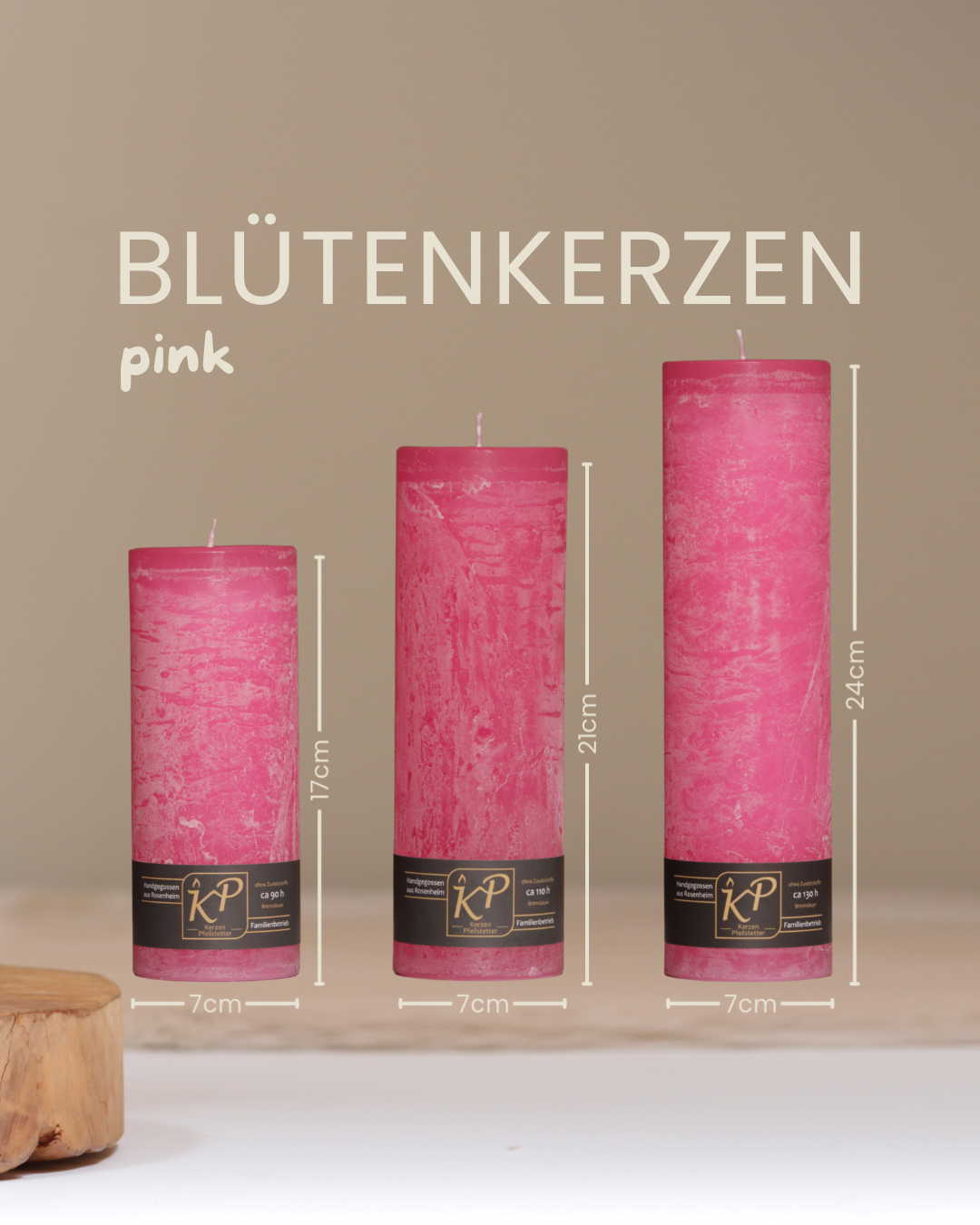 Blütenkerzen in pink in drei Größen mit Angaben zu Höhe und Durchmesser.